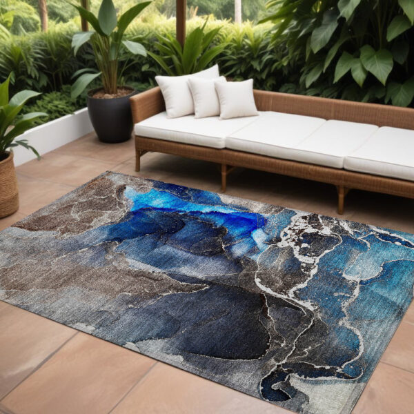8' X 10' Blue Abstract Washable Non Skid Indoor Outdoor Area Rug