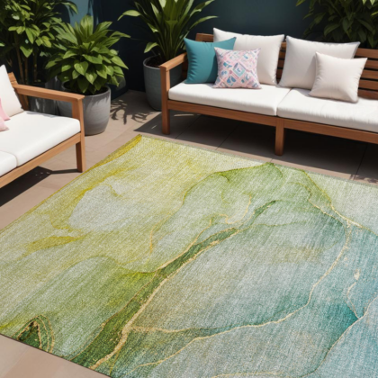 9' X 12' Green Abstract Washable Non Skid Indoor Outdoor Area Rug