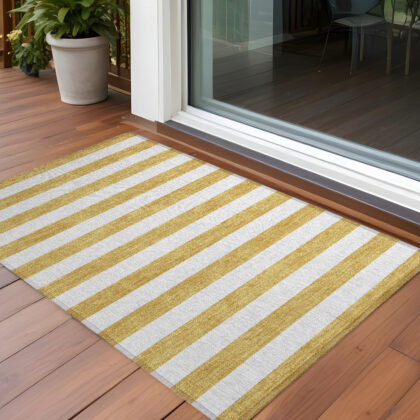 3' X 5' Gold Striped Washable Non Skid Indoor Outdoor Area Rug