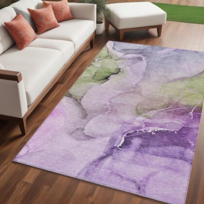 5' X 8' Purple and Green Abstract Washable Indoor Outdoor Area Rug