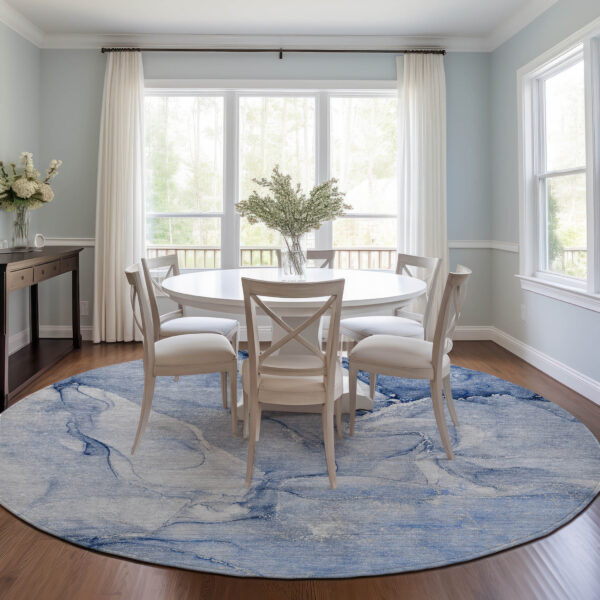 8' Round Navy Blue Round Abstract Washable Non Skid Indoor Outdoor Area Rug