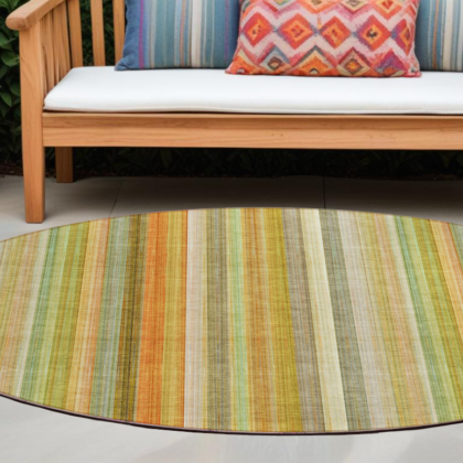 8' Round Tan Orange and Green Round Striped Washable Non Skid Indoor Outdoor Area Rug