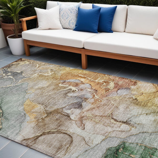 10' X 14' Gray and Gold Abstract Washable Non Skid Indoor Outdoor Area Rug