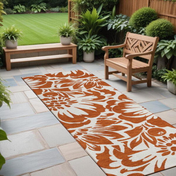 2' X 8' Rust and Ivory Floral Washable Non Skid Indoor Outdoor Runner Rug