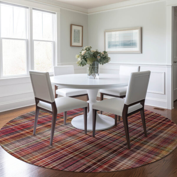 8' Round Red Round Plaid Washable Non Skid Indoor Outdoor Area Rug