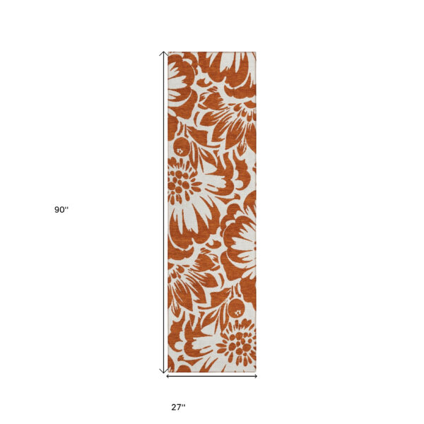 2' X 8' Rust and Ivory Floral Washable Non Skid Indoor Outdoor Runner Rug