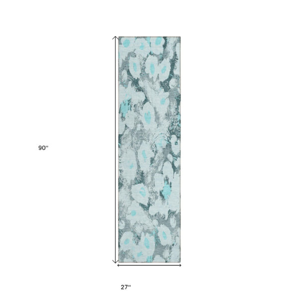 8' Runner Teal Floral Washable Non Skid Indoor Outdoor Runner Rug