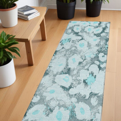 8' Runner Teal Floral Washable Non Skid Indoor Outdoor Runner Rug