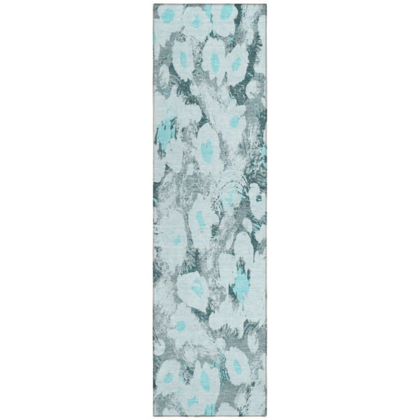 8' Runner Teal Floral Washable Non Skid Indoor Outdoor Runner Rug