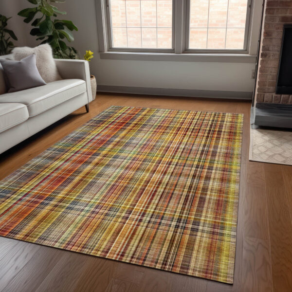 5' X 8' Orange Plaid Washable Non Skid Indoor Outdoor Area Rug
