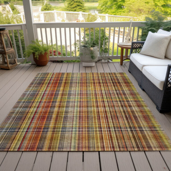 5' X 8' Orange Plaid Washable Non Skid Indoor Outdoor Area Rug