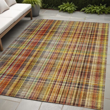5' X 8' Orange Plaid Washable Non Skid Indoor Outdoor Area Rug