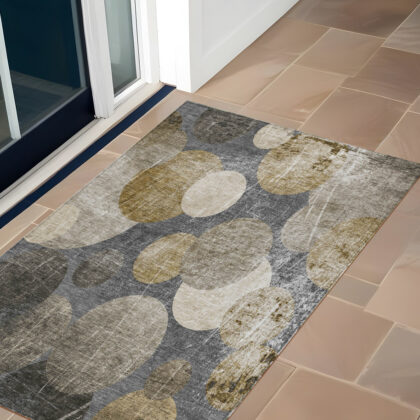 3' X 5' Brown Beige and Ivory Abstract Washable Non Skid Indoor Outdoor Area Rug