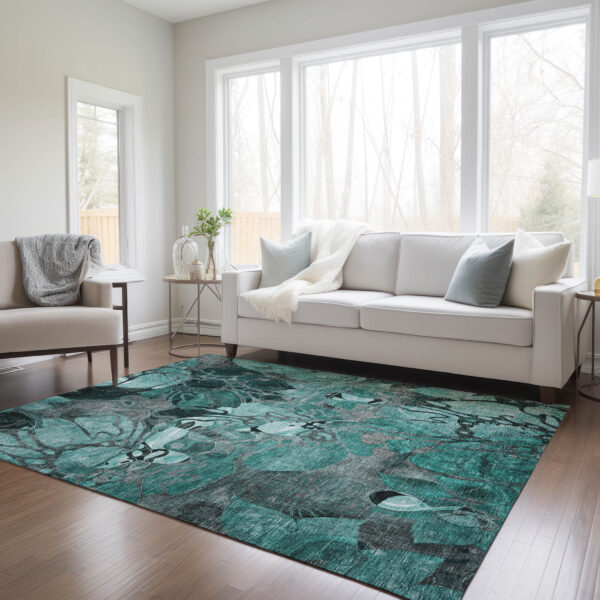 3' X 5' Teal Black and Gray Abstract Washable Indoor Outdoor Area Rug