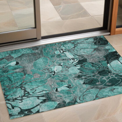 3' X 5' Teal Black and Gray Abstract Washable Indoor Outdoor Area Rug