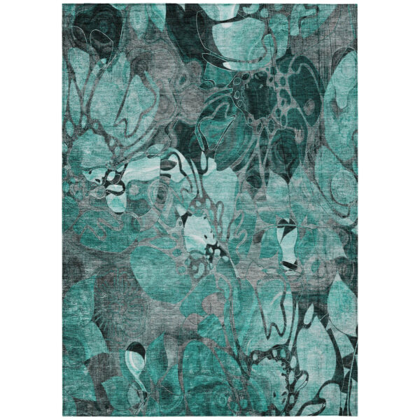 3' X 5' Teal Black and Gray Abstract Washable Indoor Outdoor Area Rug