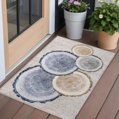 3' X 5' Beige Blue and Gold Faux Bois Washable Non Skid Indoor Outdoor Area Rug