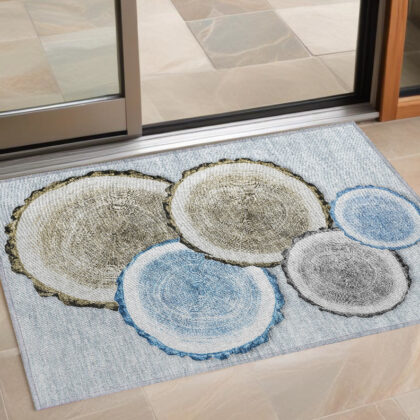 2' X 3' Blue Gold and Gray Faux Bois Washable Non Skid Indoor Outdoor Area Rug