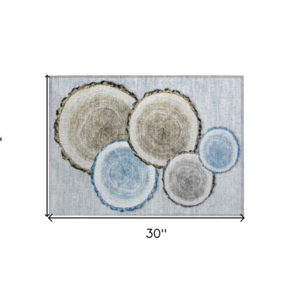 2' X 3' Blue Gold and Gray Faux Bois Washable Non Skid Indoor Outdoor Area Rug