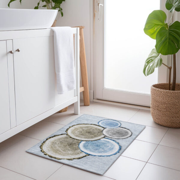 2' X 3' Blue Gold and Gray Faux Bois Washable Non Skid Indoor Outdoor Area Rug