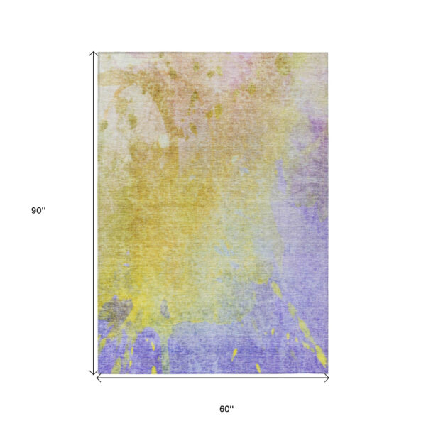 5' X 8' Blue Gold and Wheat Abstract Washable Non Skid Indoor Outdoor Area Rug
