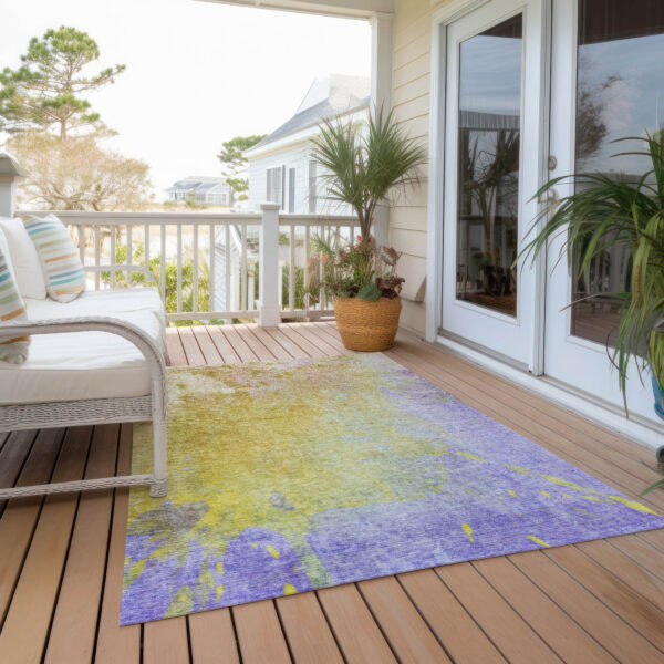 5' X 8' Blue Gold and Wheat Abstract Washable Non Skid Indoor Outdoor Area Rug
