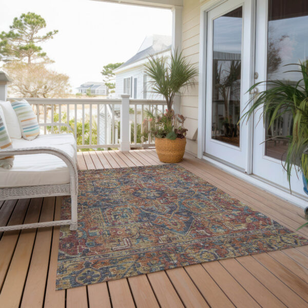 10' X 14' Red Orange and Blue Oriental Washable Non Skid Indoor Outdoor Area Rug