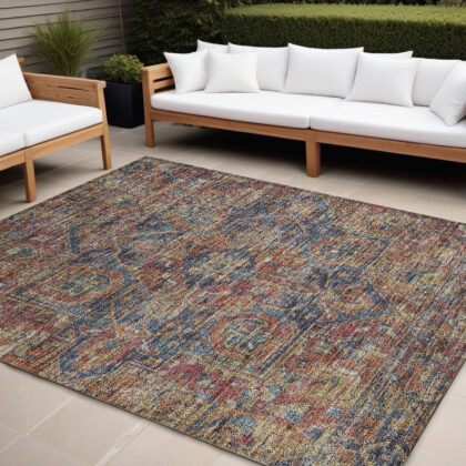 10' X 14' Red Orange and Blue Oriental Washable Non Skid Indoor Outdoor Area Rug