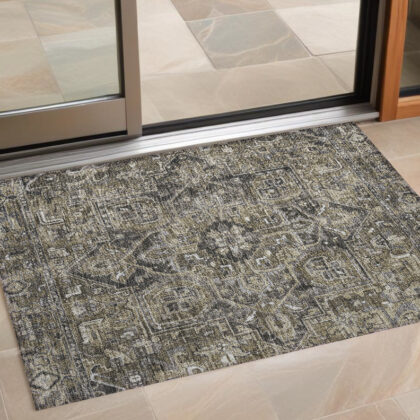 2' X 3' Taupe and Dark Taupe Oriental Washable Non Skid Indoor Outdoor Area Rug