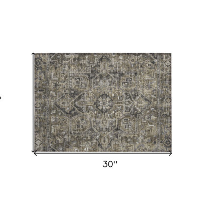 2' X 3' Taupe and Dark Taupe Oriental Washable Non Skid Indoor Outdoor Area Rug
