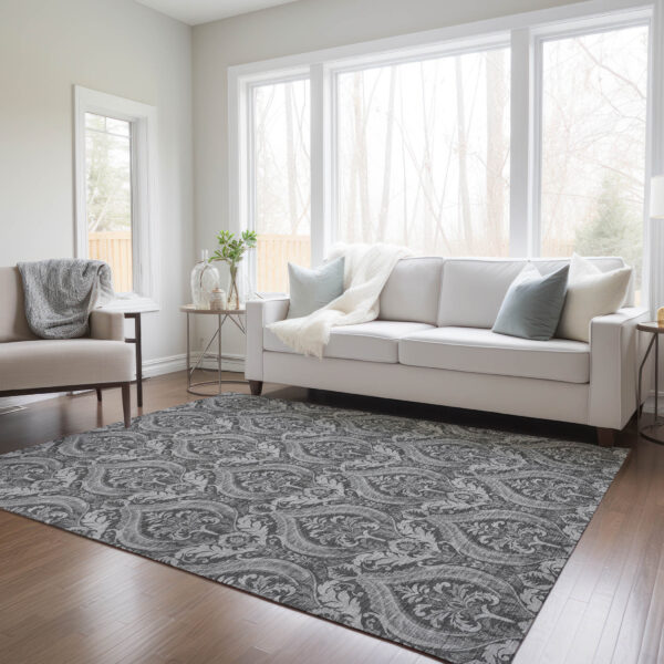 8' X 10' Gray Damask Washable Non Skid Indoor Outdoor Area Rug