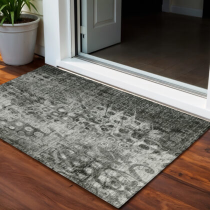 3' X 5' Charcoal Ikat Washable Indoor Outdoor Area Rug