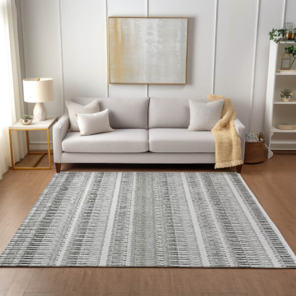 8' X 10' Ivory Gray And Taupe Striped Washable Indoor Outdoor Area Rug