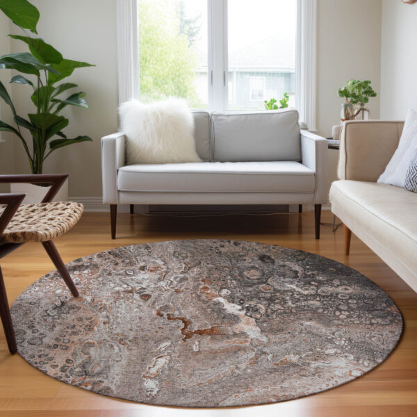 8' Terra Cotta Copper And Gray Round Abstract Washable Indoor Outdoor Area Rug