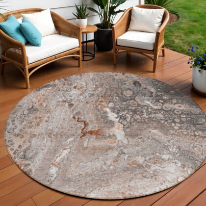 8' Terra Cotta Copper And Gray Round Abstract Washable Indoor Outdoor Area Rug