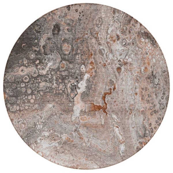 8' Terra Cotta Copper And Gray Round Abstract Washable Indoor Outdoor Area Rug