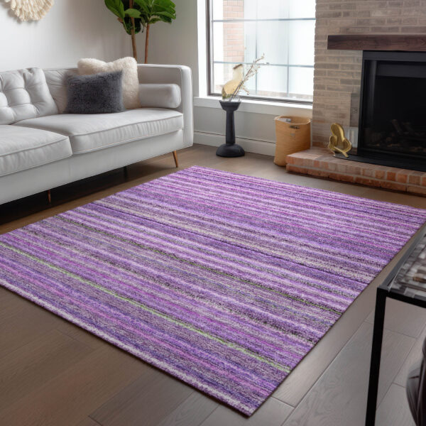 10' X 14' Purple Eggplant And Lilac Striped Washable Indoor Outdoor Area Rug
