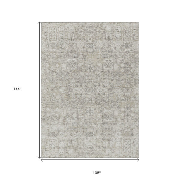 9' X 12' Taupe Beige And Gray Floral Washable Indoor Outdoor Area Rug