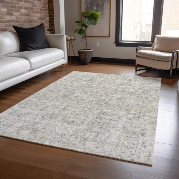 9' X 12' Taupe Beige And Gray Floral Washable Indoor Outdoor Area Rug