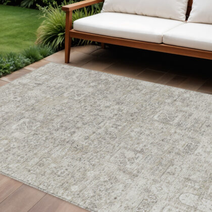 9' X 12' Taupe Beige And Gray Floral Washable Indoor Outdoor Area Rug