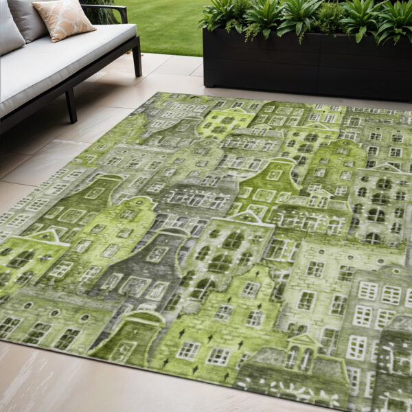 5' X 8' Green And Lime Green Village Houses Washable Indoor Outdoor Area Rug