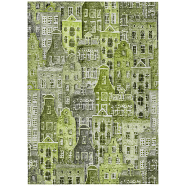 5' X 8' Green And Lime Green Village Houses Washable Indoor Outdoor Area Rug