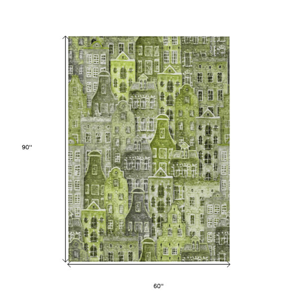 5' X 8' Green And Lime Green Village Houses Washable Indoor Outdoor Area Rug