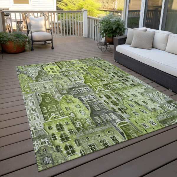 5' X 8' Green And Lime Green Village Houses Washable Indoor Outdoor Area Rug