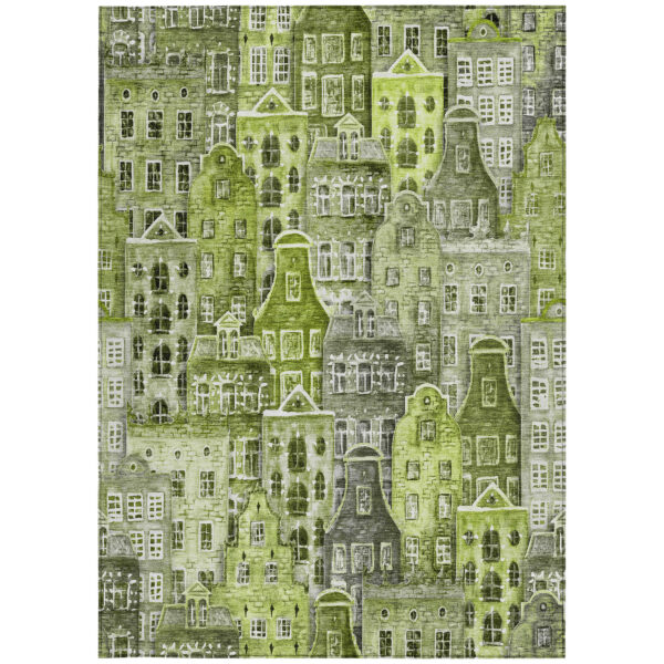5' X 8' Green And Lime Green Village Houses Washable Indoor Outdoor Area Rug