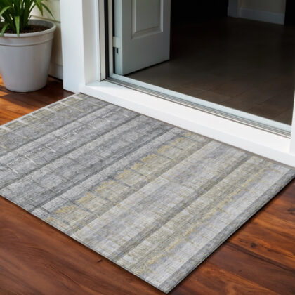 3' X 5' Gray Silver And Charcoal Striped Washable Indoor Outdoor Area Rug