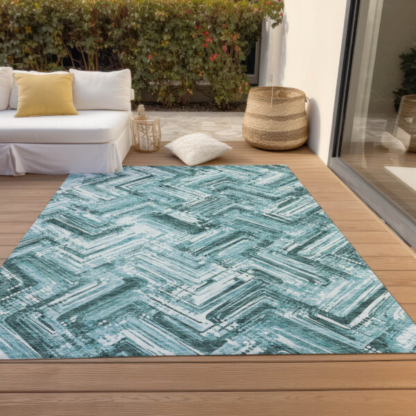 5' X 8' Teal Blue Aqua And Ivory Geometric Washable Indoor Outdoor Area Rug