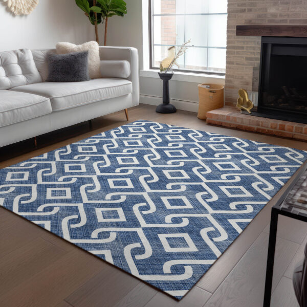 8' X 10' Navy Blue And Ivory Geometric Washable Indoor Outdoor Area Rug