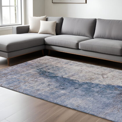 9' X 12' Navy Blue And Gray Abstract Washable Indoor Outdoor Area Rug