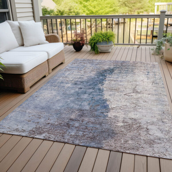 9' X 12' Navy Blue And Gray Abstract Washable Indoor Outdoor Area Rug